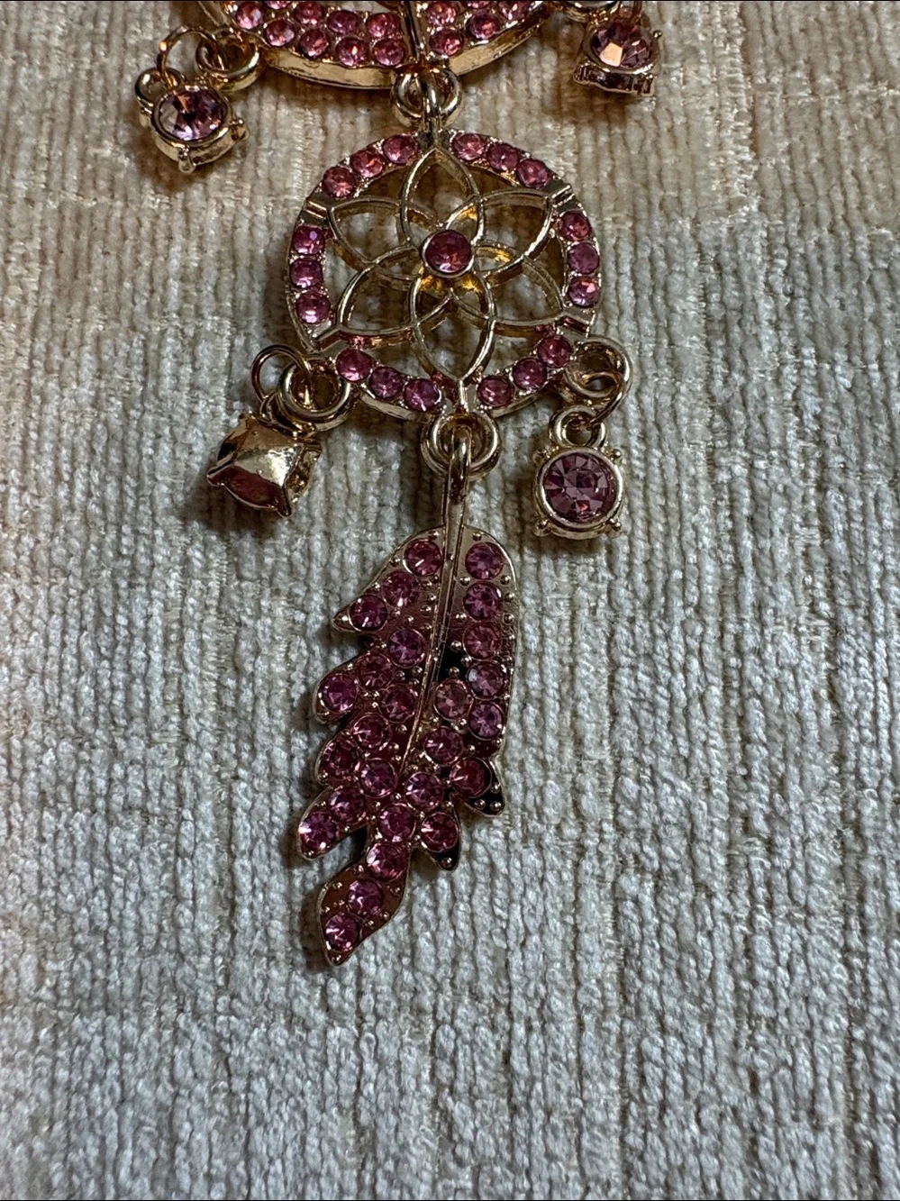 Source Unknown Gold-Tone Pink Crystal Dreamcatcher Keychain Charm